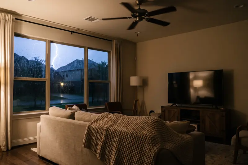Sala con lámparas y ventilador funcionando durante una tormenta en Houston gracias a la batería de respaldo