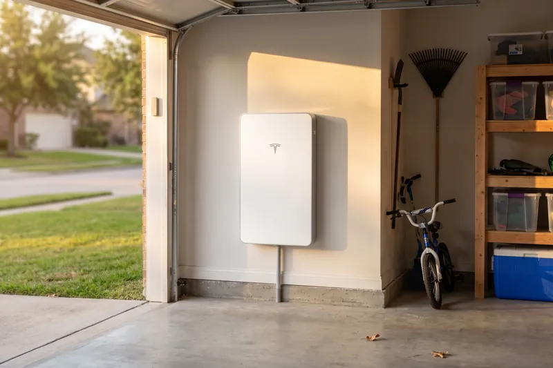 Tesla Powerwall 3 home battery on a Houston garage wall, no fuel and no fumes