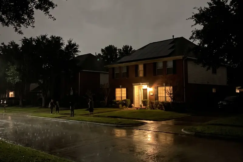 Una casa en Houston con las luces prendidas durante un apagón en el vecindario, gracias a su batería de respaldo